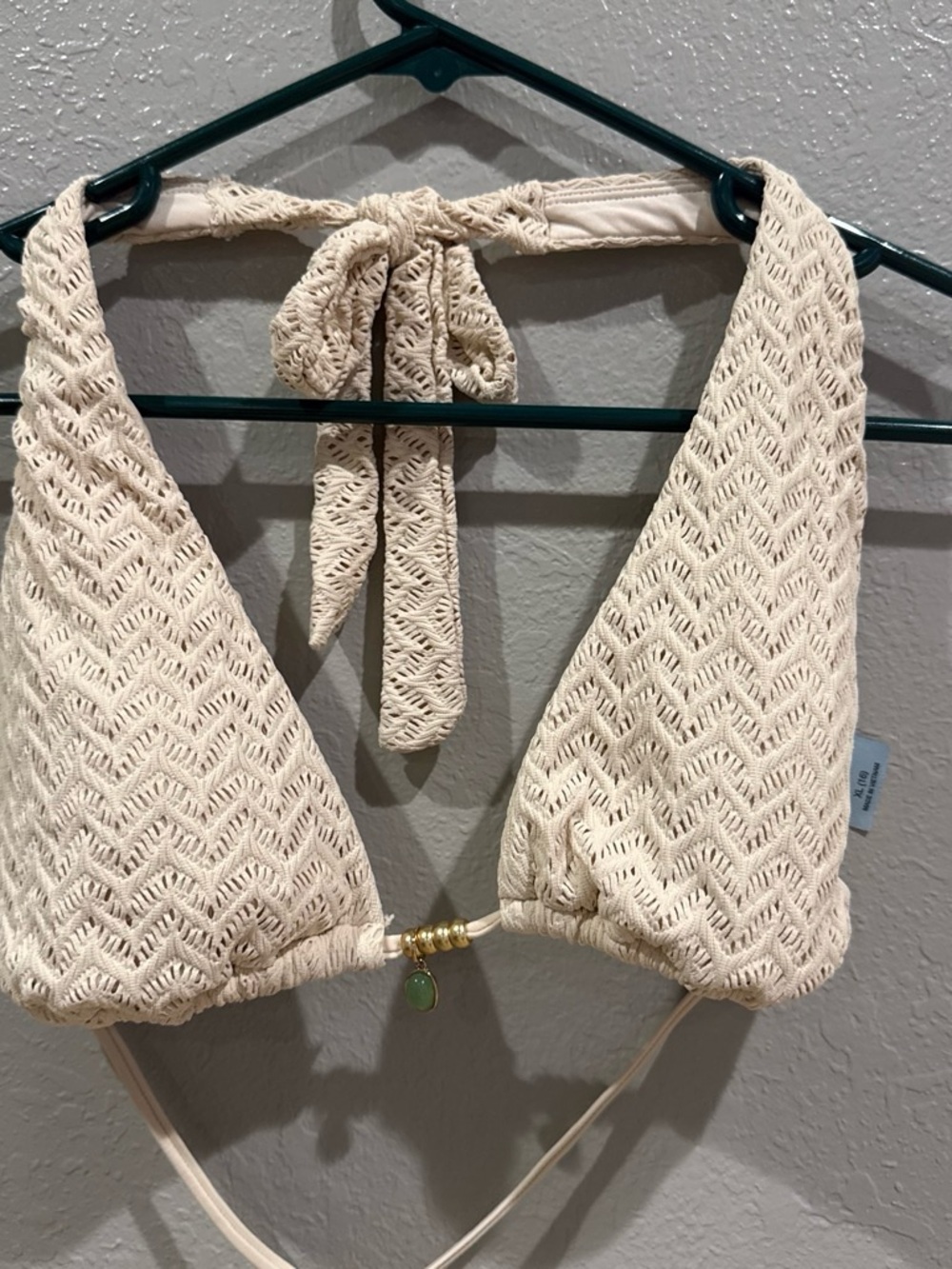 Shade & Shore Cream Crochet Halter Bikini Top with Gold Bead and Green Charm